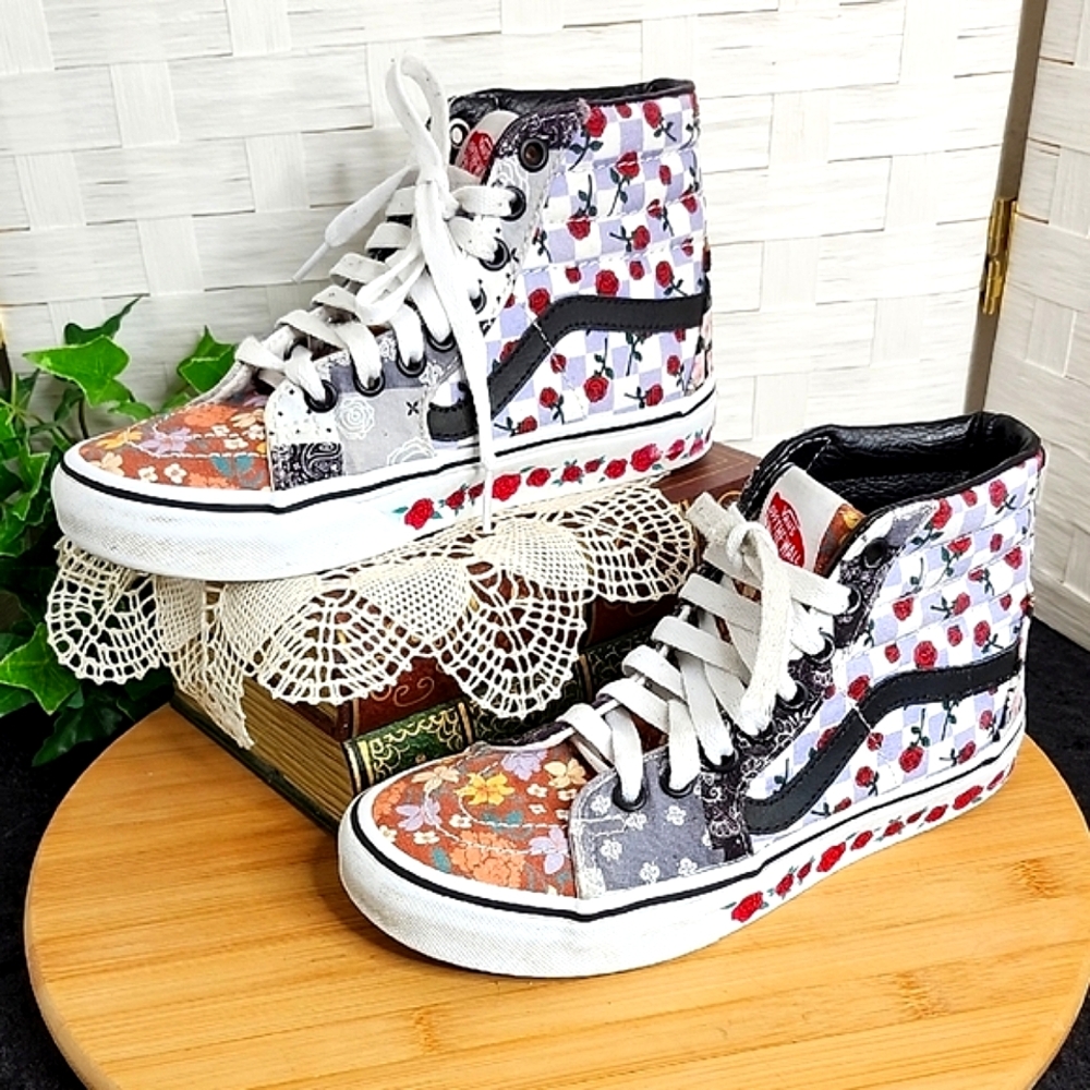👉*VANS* CUSTOM SK8-HI HIGH-TOP SNEAKERS ~ROSES, BLOSSOMS, CHECKBOARD ~SIZE 3.5